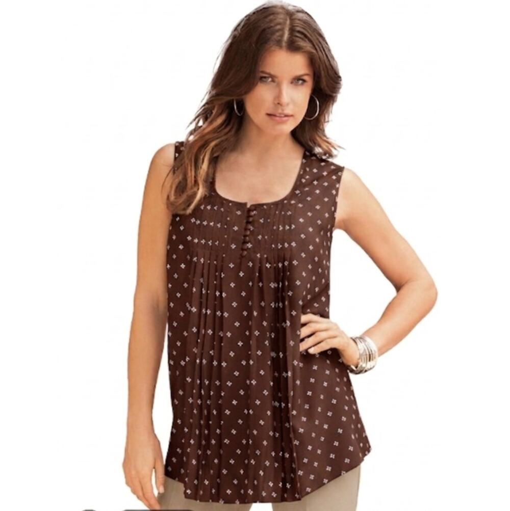 Roamans Brown Diamond Print Pleated Lightweight Tank Top Women Plus 20W